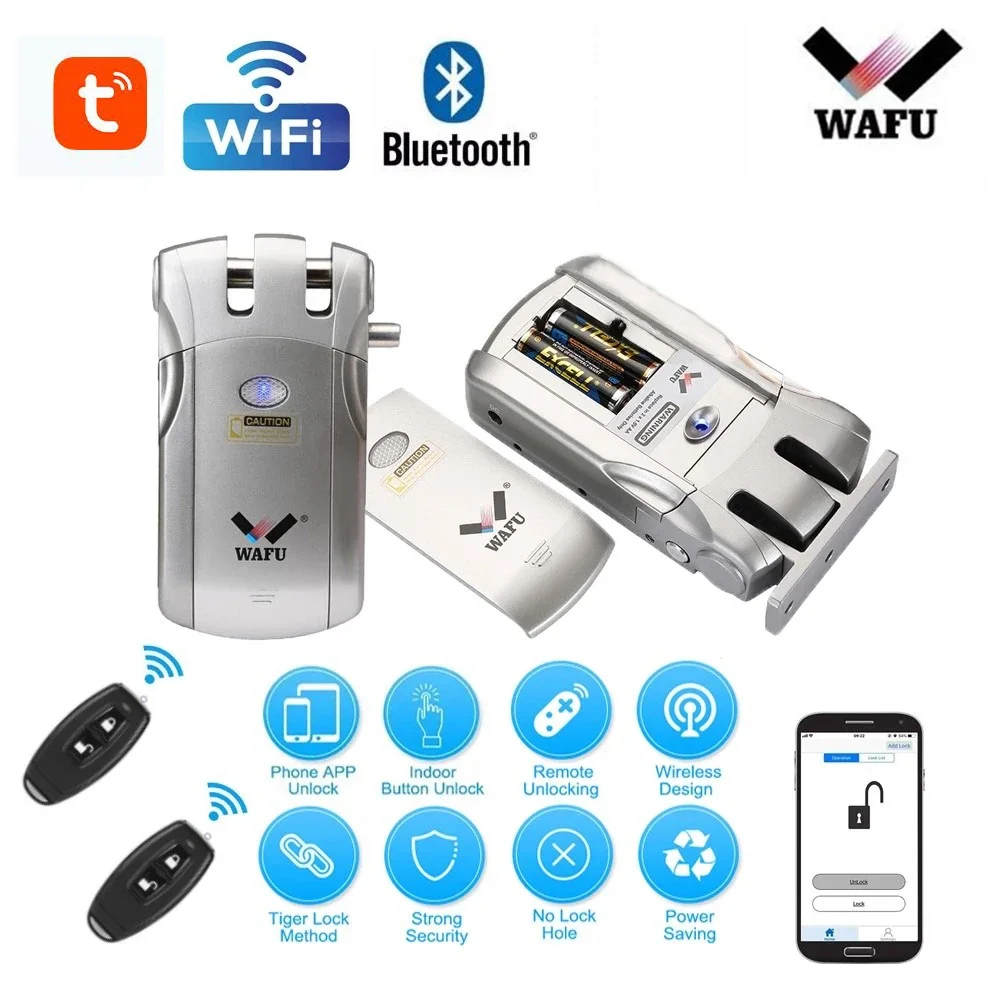 Wafu 019 Tuya 무선 Wifi 스마트 잠금 원격 제어 BT 전자 열쇠가없는 문 보이지 않는 433MHz 전화 제어 지문 잠..