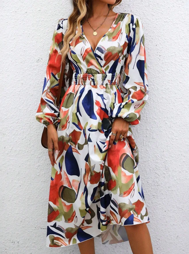 

Women's V Neck Swing Dress Women's Bohemian Floral Dress Fall Lona Balloon Sleeve Dress Women's Party Dress Flowing Beach Dress