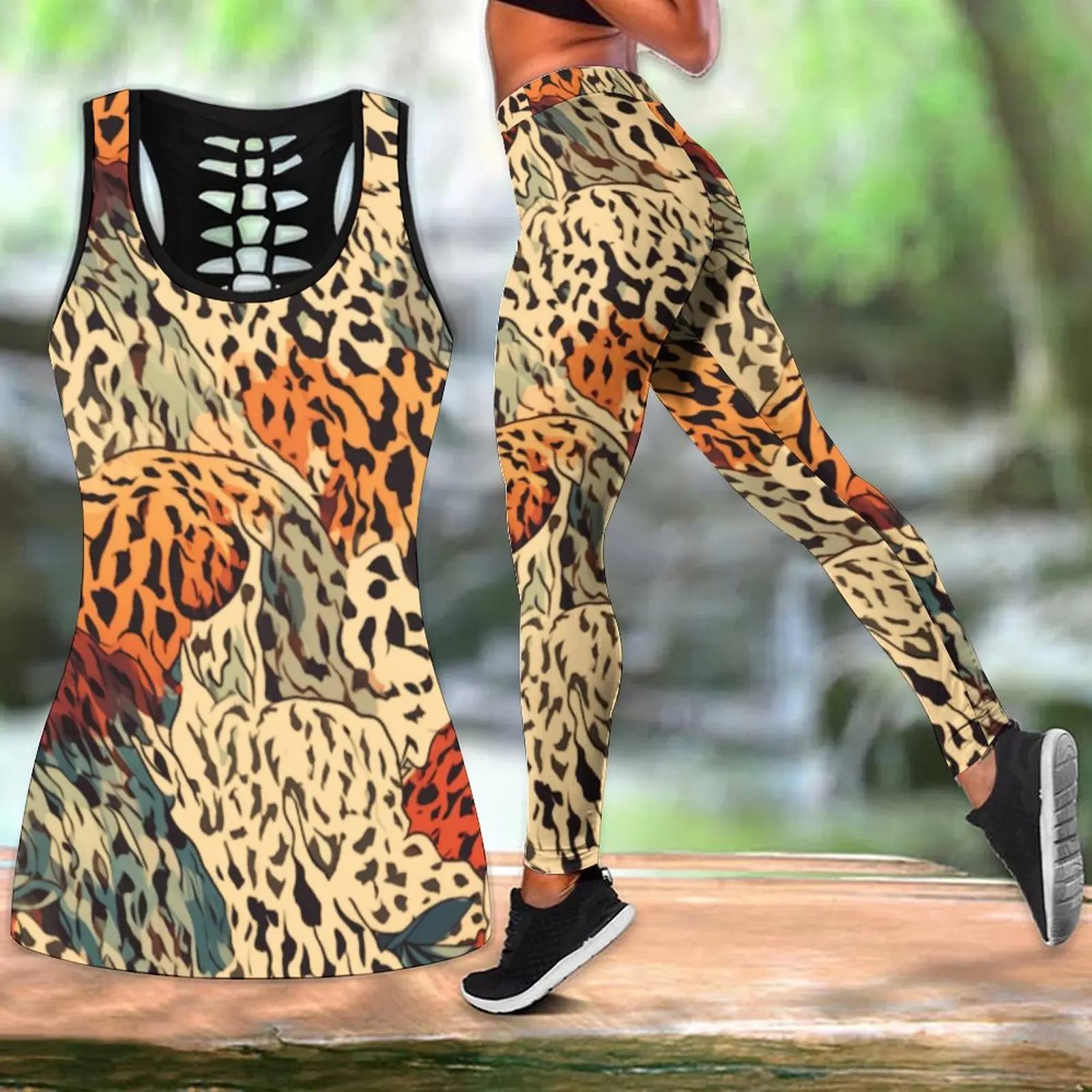 

Women's Summer New Animal Print Hollow Tank Top + Leggings Yoga Outfit