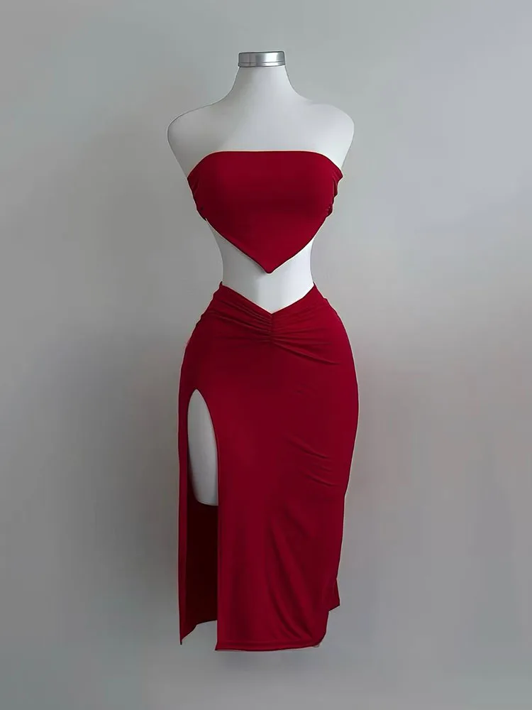 Strapless Backless Crop Top High Waist Skirt 2 Piece Set Women Summer Sexy Slim Fit Split Midi Dress Tube Suits Party Club Sets