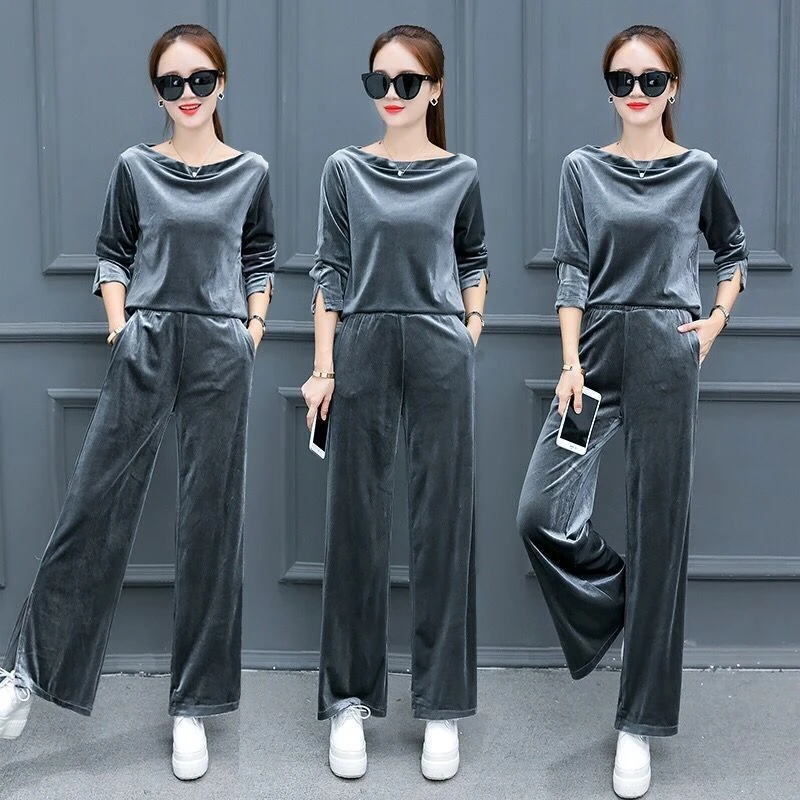 Women's Gold Velvet Sweat Suits Plus Size Clothing Tops And Pants 2 Two