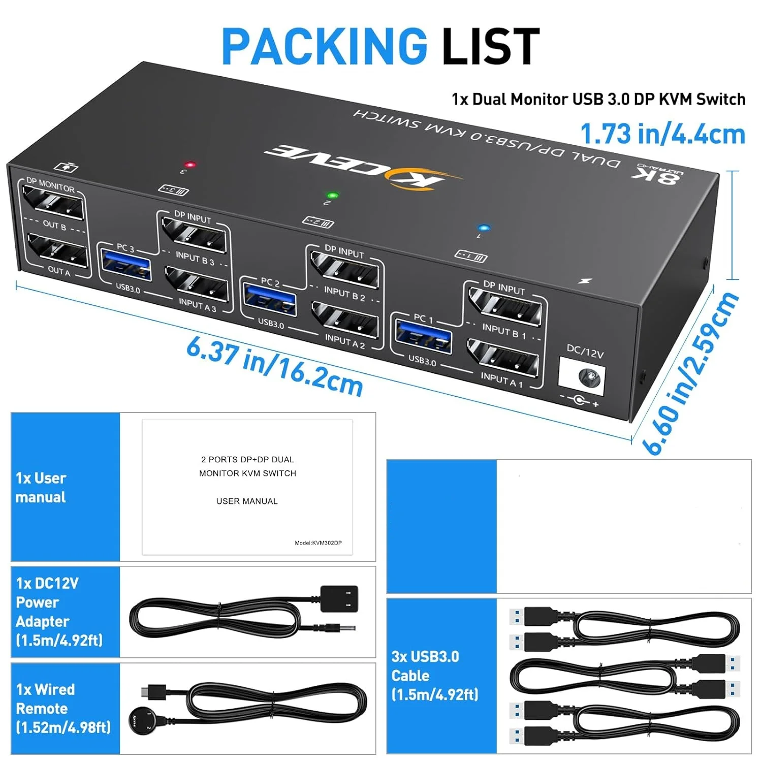 KCEVE   KVM ġ, USB 3.0 ÷ Ʈ, 2 , 3 ǻ, 8K @ 30Hz, 4K @ 144Hz, 3 ǻ  2 