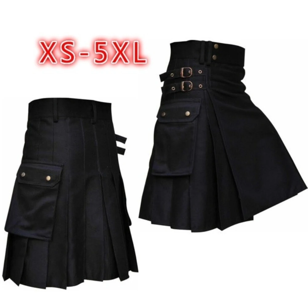 Alta Qualità Moda Uomo Cool Pocket Kilts Tinta Unita Kilt Gotico Vintage Warrior Cargo Kilt Cintura In Metallo Gonna A Pieghe