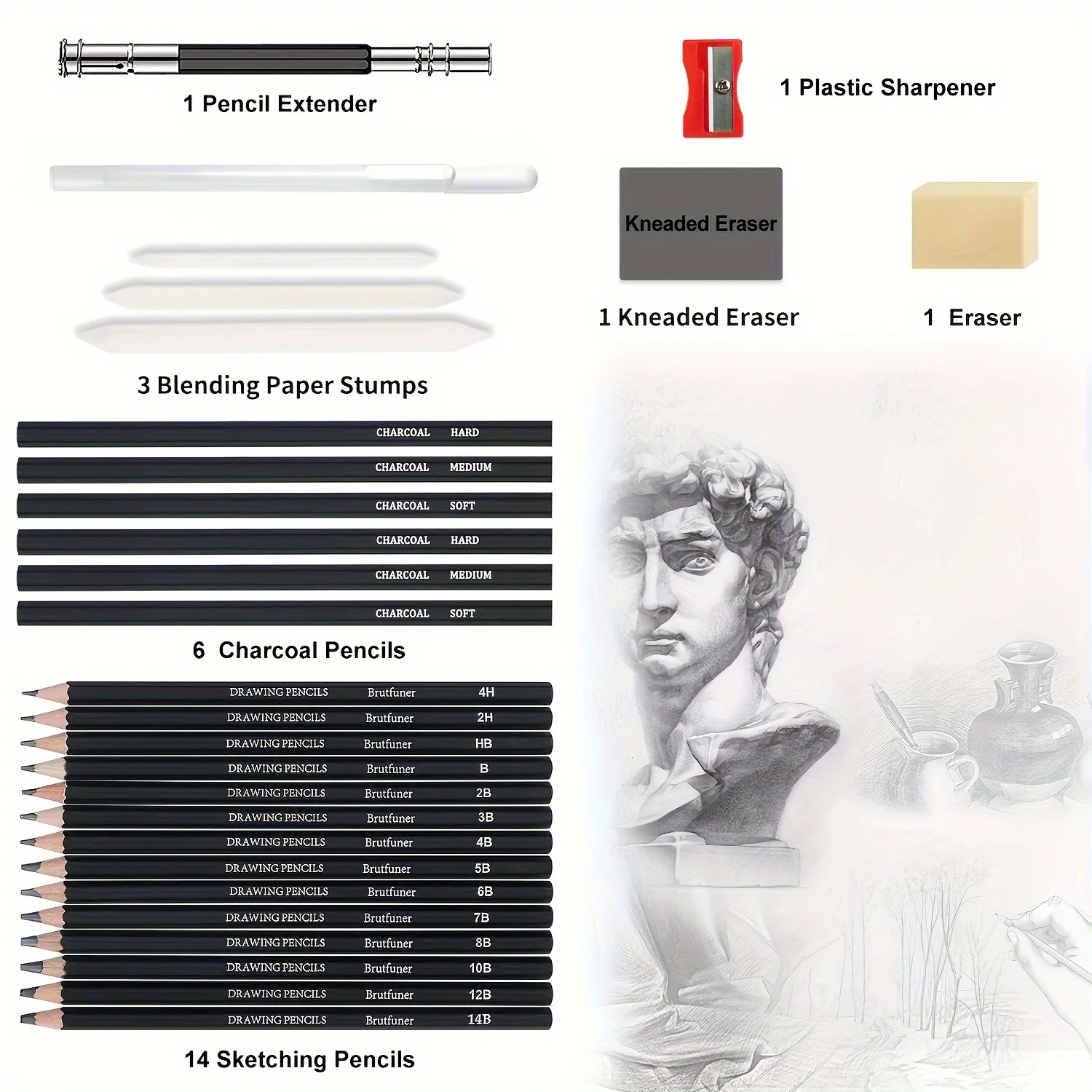 Drawing Pencils Sketch Pencil Professional Sketching Art Graphite Charcoal Blending Stump Pencils kit (29 art supplies) 2