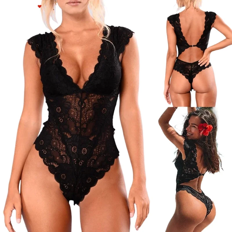 Sexy Women's Lace Tights Bodysuit Transparent Hollow Tights Body Mujer Plus Size Halter Tights Ladies Sexy Teddy Bodysuit