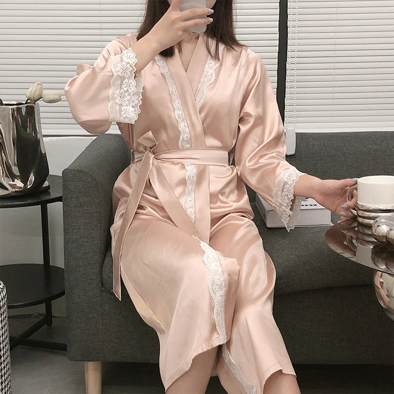 New spring and autumn women's nightgown home service women's ice silk mid-length bathrobe sexy lace silk nightgown with belt