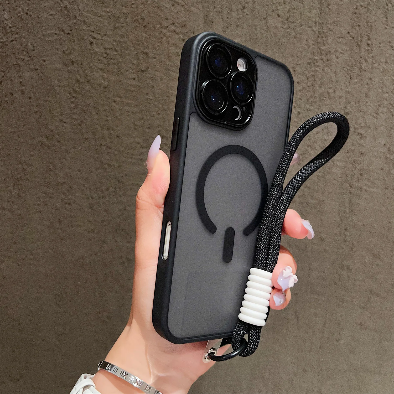 Magnetic Lanyard Wrist Strap Case with Shockproof Matte Bumper Cover and Clear Magsafe Design