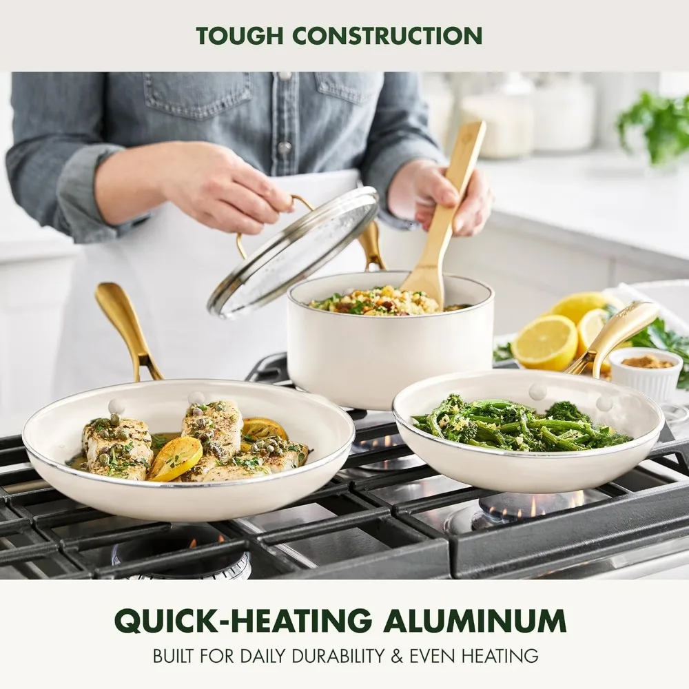 Swift 12 Piece Cookware Pot and Pans Set, PFAS & PFOA-Free Healthy Ceramic Nonstick, Gold Stainless Steel Handle, Versatile Coo