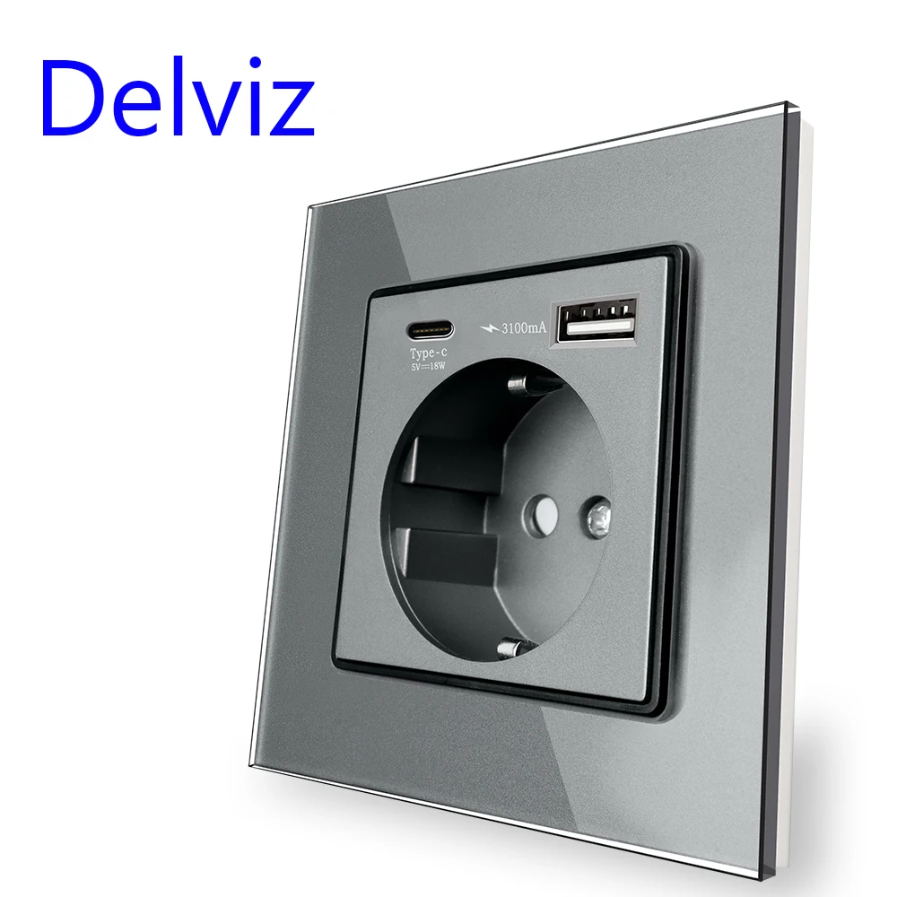 Delviz EU ซ็อกเก็ต USB มาตรฐาน, แผงกระจกคริสตัล, 1A1C dual interface smart quick charge, ปลั๊กไฟติดผนังพร้อมพอร์ต USB Type-C 1