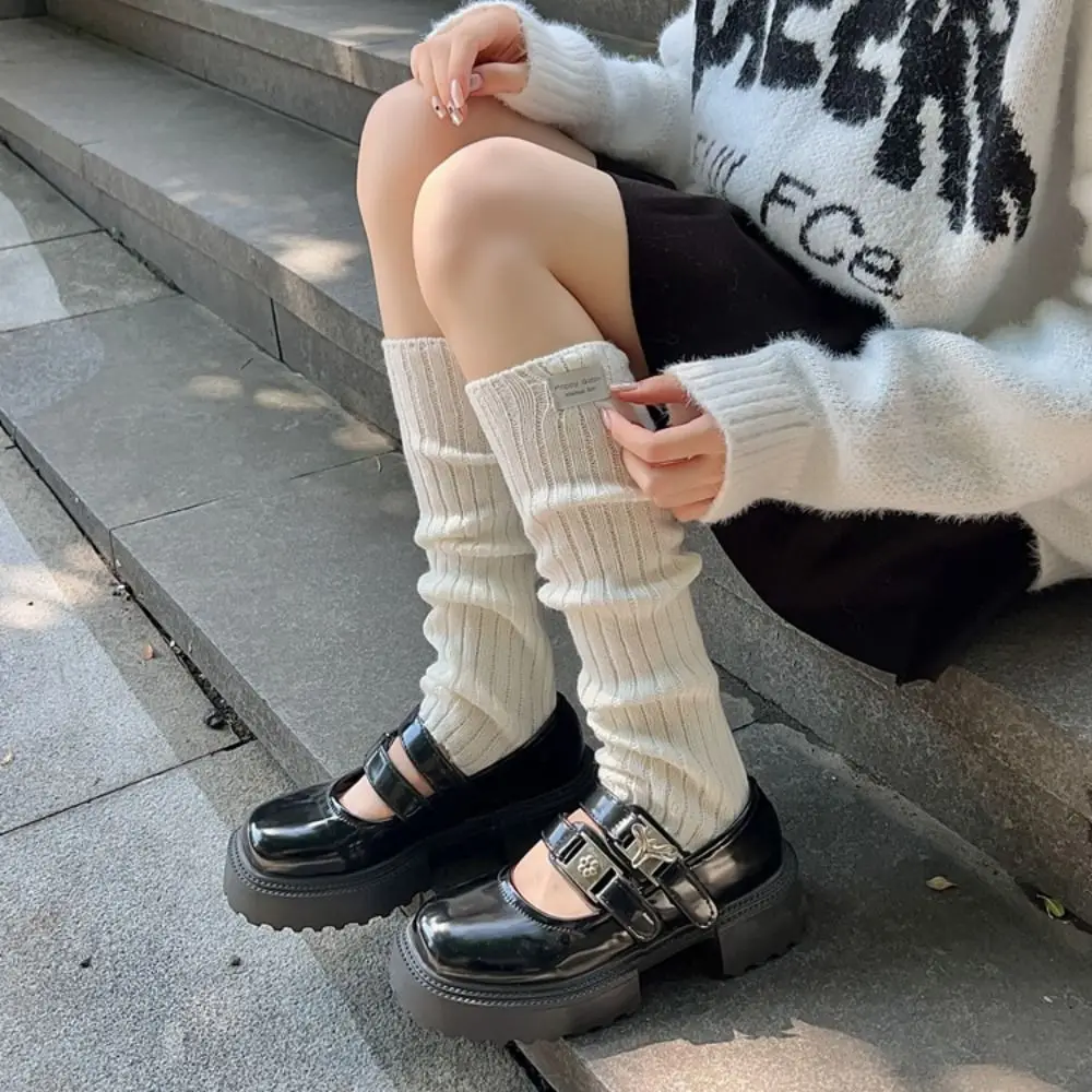 

Solid Color Embroidered Knitted Leg Warmers Women Y2K Fashion Foot Cover Sweet Long Stockings Soft Breathable