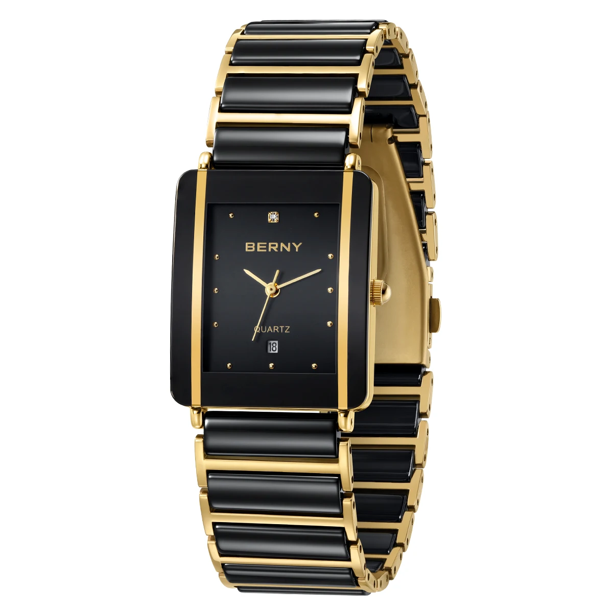 BERNY-reloj de cuarzo de cerámica para hombre, cronógrafo de pulsera rectangular de lujo a la moda, resistente al agua, con calendario, diamantes, negro y dorado, para pareja, XV12