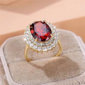 Female Luxury Big Red Stone Oval Wedding Bands Antique Gold Color Vintage Zircon Adjustable Engagement Cocktail Ring Jewelry CZ
