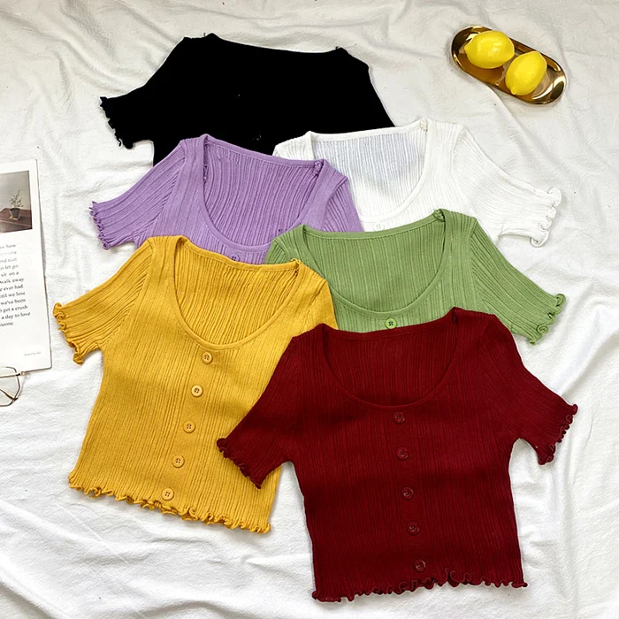 

New Sexy Short Sleeve T-Shirt Women's Button-Up Top Women's V-Neck Knit Summer Thin T-Shirt Camisetas Feminino