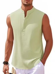 Men's Retro Street Style Waffle Shirt with Henry Collar for Running and Casual Beach Wear (Green grass)