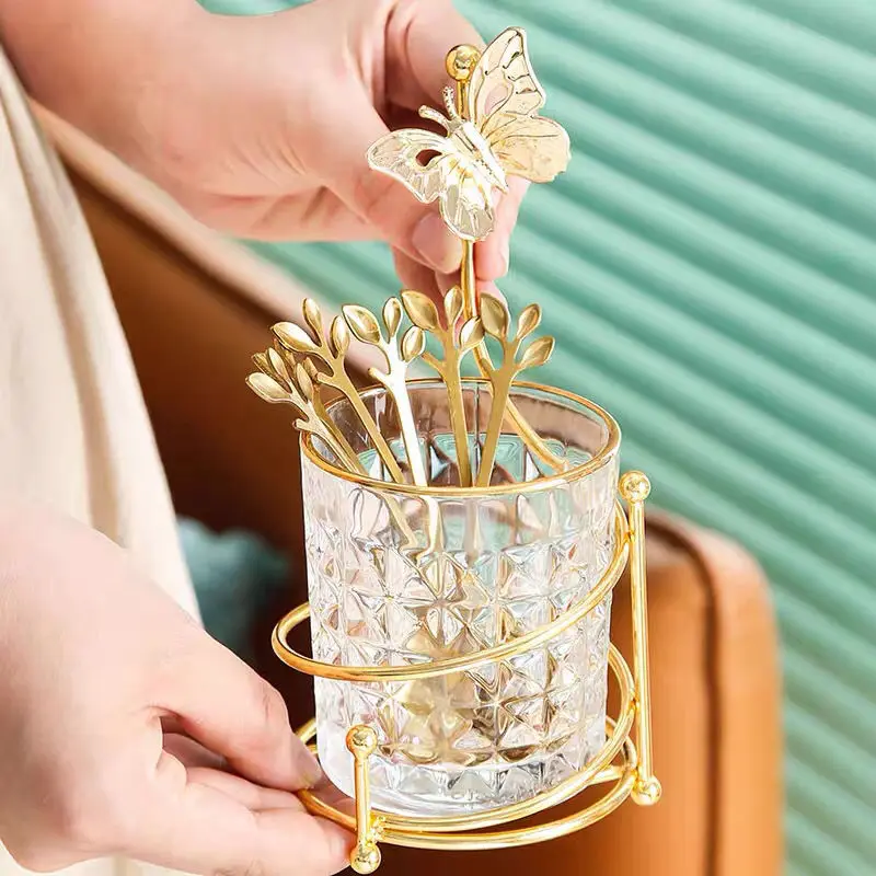 

Fruit Forks and Spoon Set Stainless Steel Glass Container Creative Fruits Dessert Spoon Cute Cake Forks Beautiful Butterfly