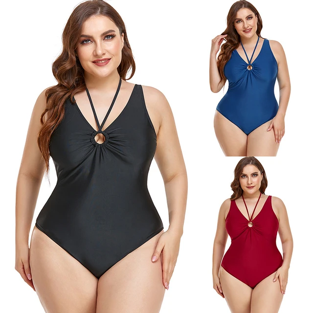 Plus Size Swimwear Lace Up Solid Swimsuit Bathing Suits Women One