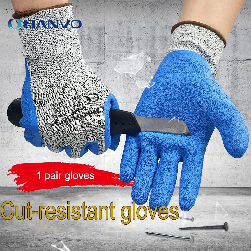 

1 pair Hanvo Gray HPPE With Smart Grip Latex Coated Safety 13 Gauge Work Gloves
