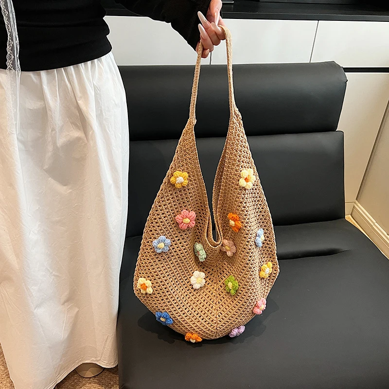 Women Flower Knitted Shoulder Bag Fashion Handbag Lightweight Crochet Tote Bag Casual Top Handle Bag Outdoor Travel Bag