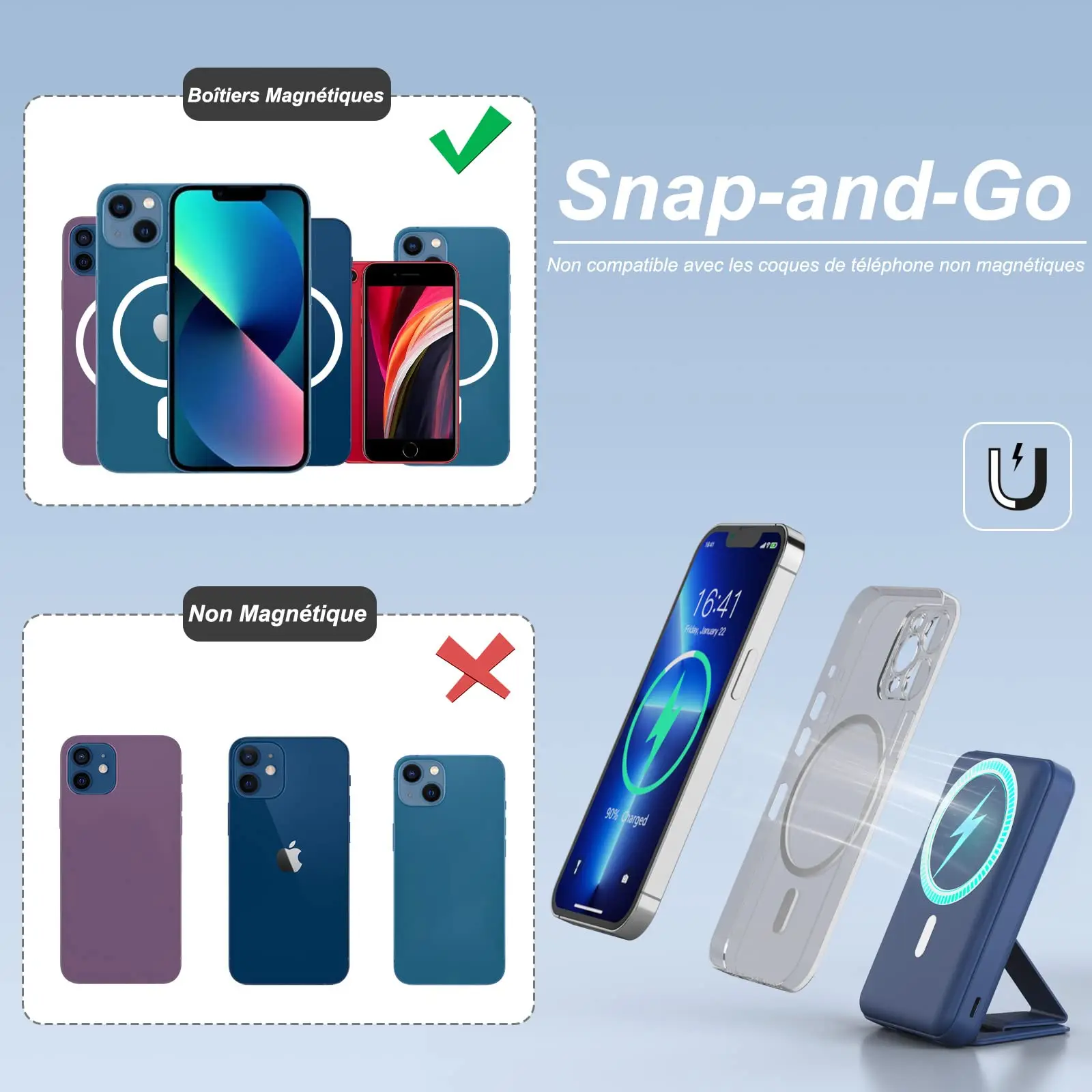Mag-Safe 보조배터리 무선 마그네틱 외장 배터리, PD 20W 고속 충전, 10000mAh 접이식 휴대용 무선 충전기