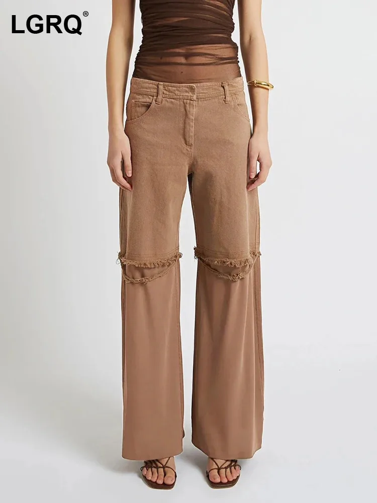 

LGRQ High Quality Wornout Street Casual Denim Pants Women's Spliced Pockets Patched Design Loose Wide Leg Jeans Fashion 19Z1925