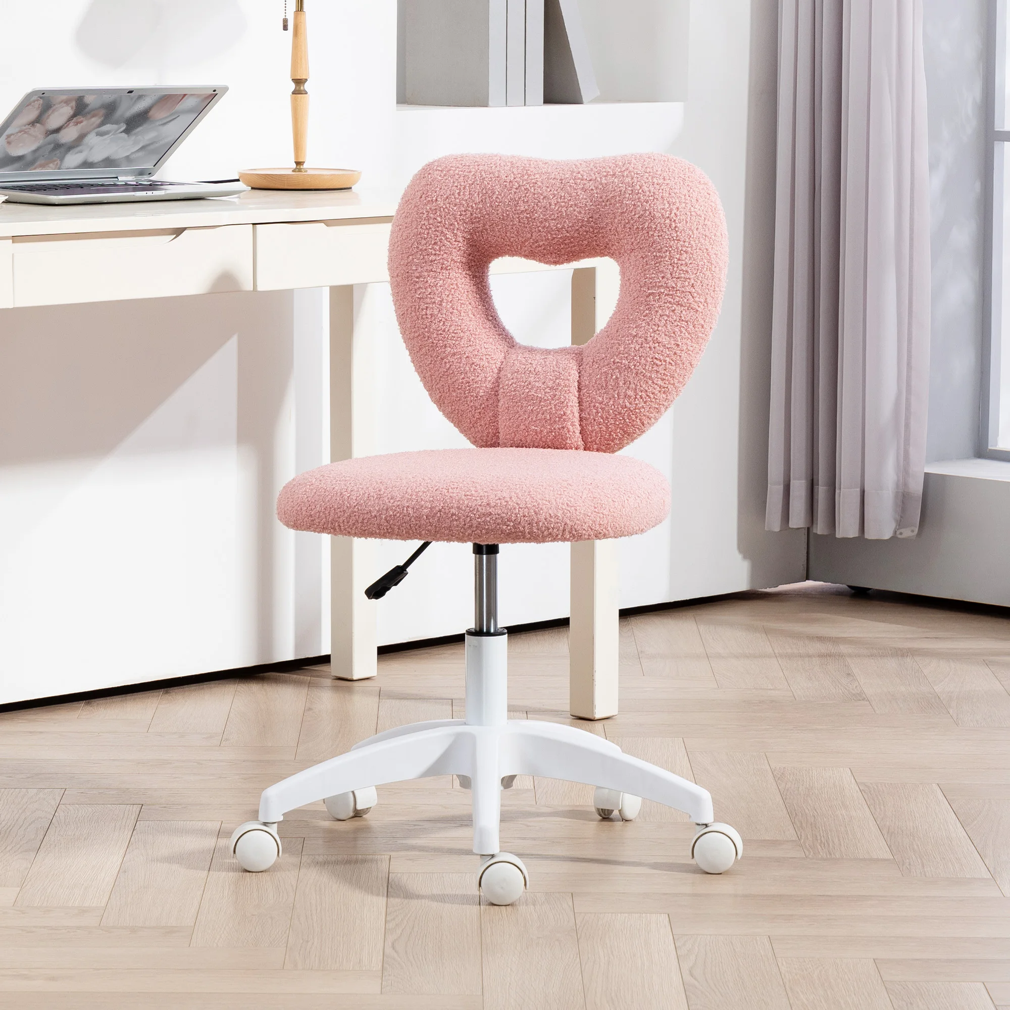 Armless 电脑桌椅, Office Task Chair, Teddy Fleece Heart Makeup Vanity Chair with Swivel Wheels, Pink 2