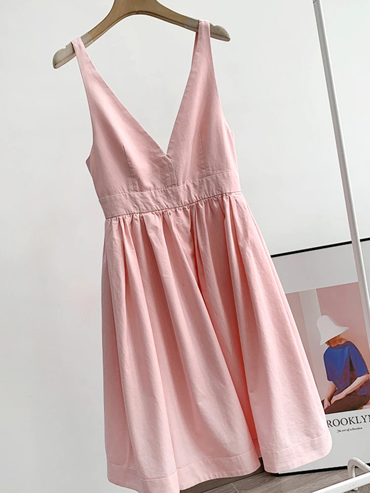 

2023 Summer Pink Suspender Vest Dress Woman Slim Dress Girl High Waist A-line Tank Dresses Vacation Beach Vestidos