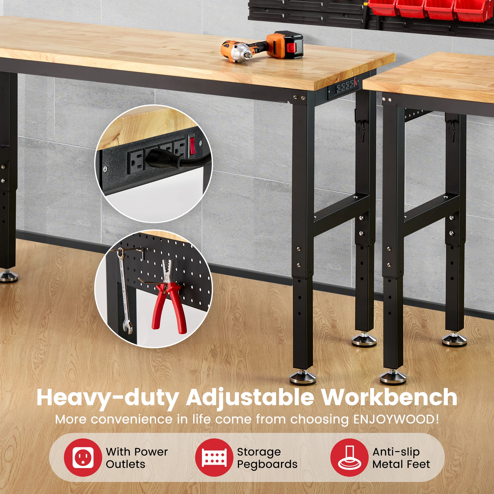 Adjustable Height Wood Workbench Table with Power Outlet