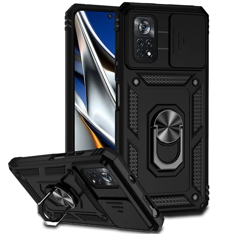 Enhanced Armor Case with Slide Window Lens Protector and Magnetic Holder Ring for Xiaomi Poco X4 Pro 5G