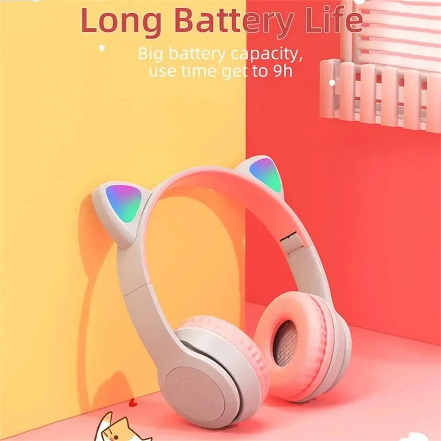 P47M Wireless Bluetooth Headset Gamer Cat LED Light Waterproof Noise Cancelling Earbuds Wireless Headphones Bluetooth Earphones 5