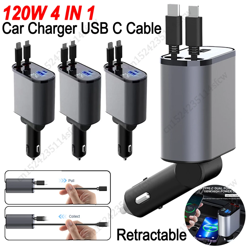 Chargeur de voiture rétractable 4 en 1 120W, câble USB type C, charge  rapide, adaptateur allume-cigare, pour iPhone, Xiaomi, Huawei, Samsung -  AliExpress