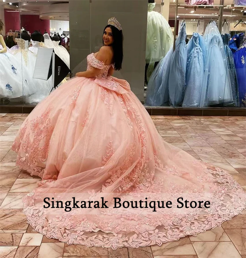 Glitter Pink Princess Quinceanera Dresses With Bow Beaded Appliques Sequins Sweet 16 Dress Vestidos De 15 a&ntilde;os Ball Gown