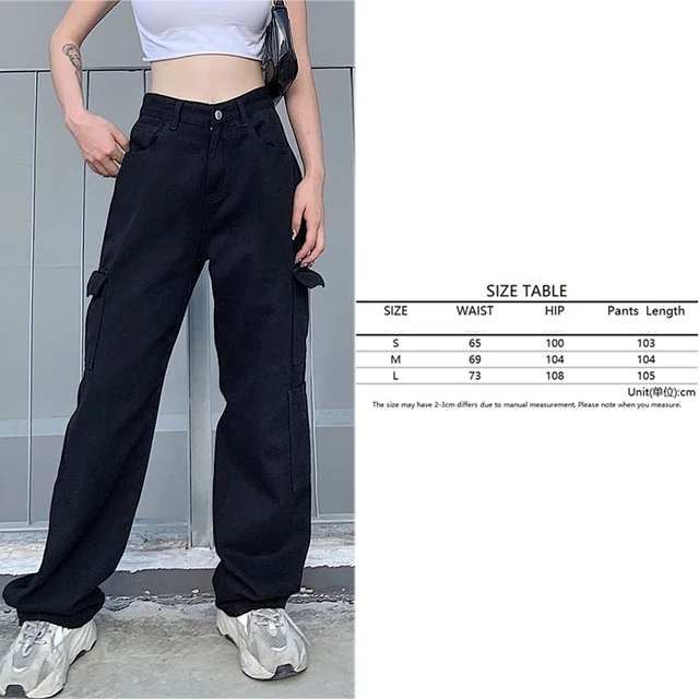 Casual Baggy Jeans Women Loose Low Waist Retro Overalls Hip Hop Streetwear Straight Denim Pants Wide Leg Y2K Cargo Pants 0020012-Black
