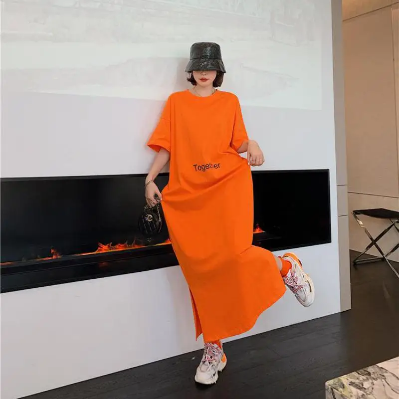 

2022 Summer New Korean Loose Thin Casual Simple Solid Color O-neck Lazy Style Stretch Women T-shirt Long Dress Free Shipping