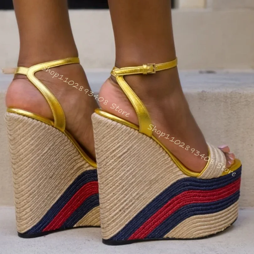 

Open Toe Ankle Buckle Sandals Knit Wedges Heel Shallow Solid Concise Women Summer New Fashion Sandals 2023 Zapatos Para Mujere