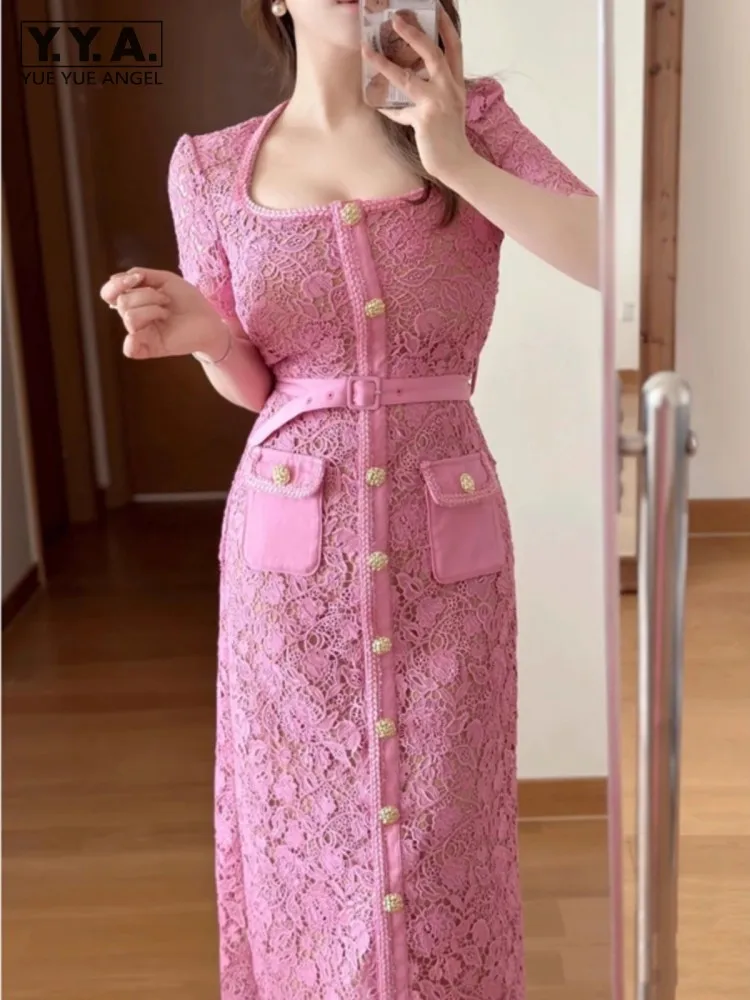 

Elegant Ladies Summer Low Cut Slim Fit Wrap Mid Calf Long Dress Women Sexy Single Breasted Short Sleeve Hollow Out Party Dresses