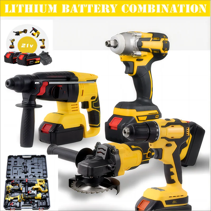 Brushless Iithium Battery Tools 4-Piece Set Hammer Angle Grinder Wrench Brushless Impact Drill Multifunctional Electric Set  320 lithium battery brushless angle grinder electric wrench 2 in 1 21v drill impact electric drill