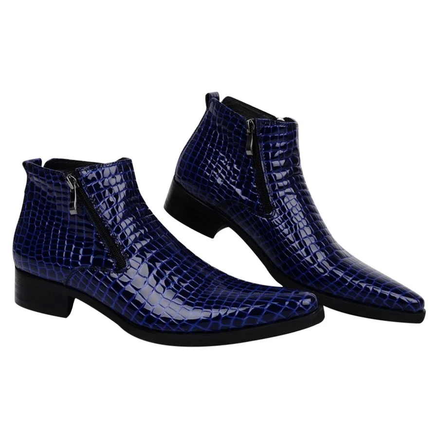 Large Size EUR46 Serpentine Blue Black Mens Ankle Boots Wedding Shoes Genuine Leather Shoes Man Dress