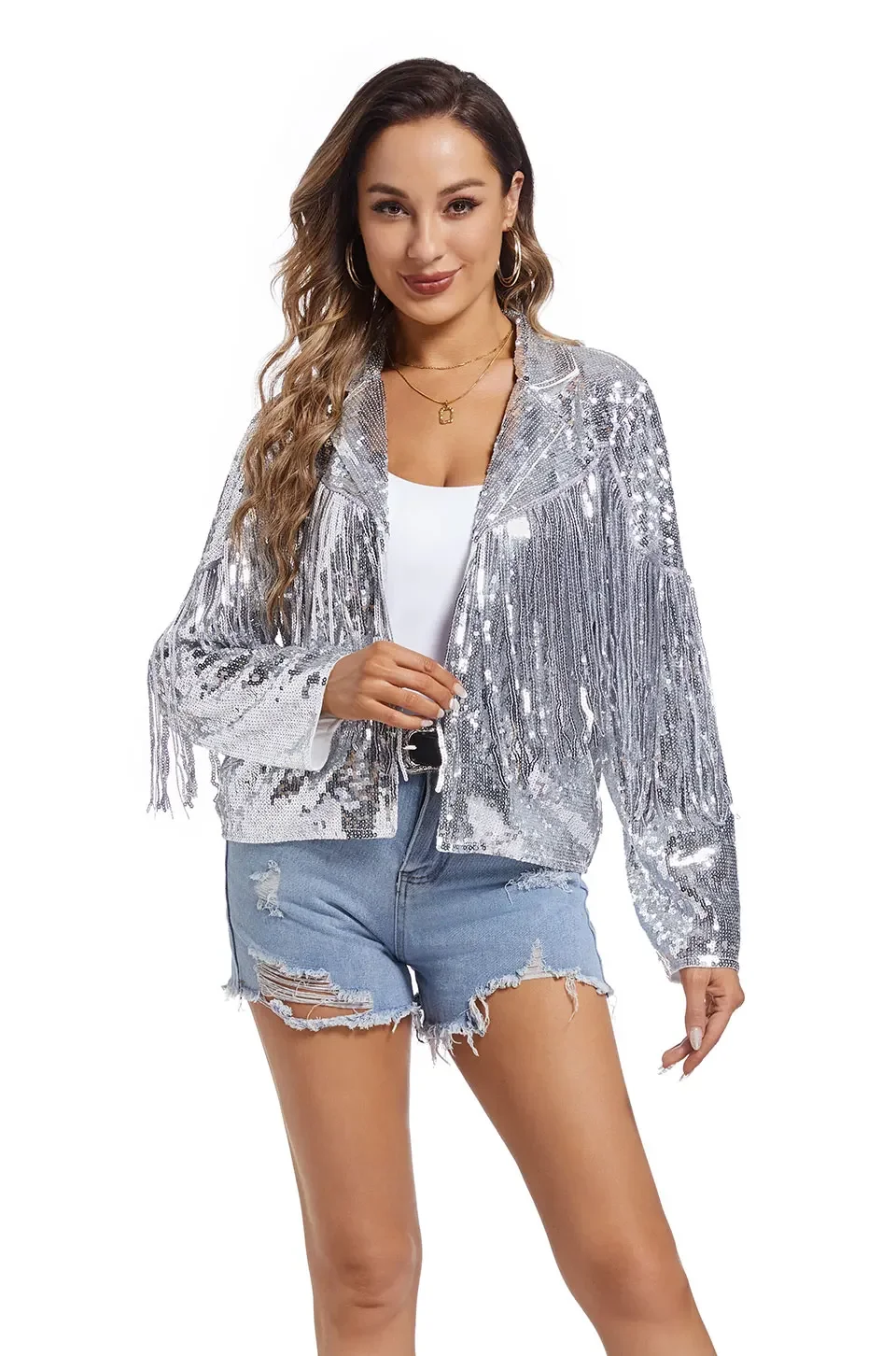 DUHGBNE Giacca da donna con paillettes casual a maniche lunghe glitterata per feste con risvolto lucido rave, giacca da donna leggera, Rosso, 48