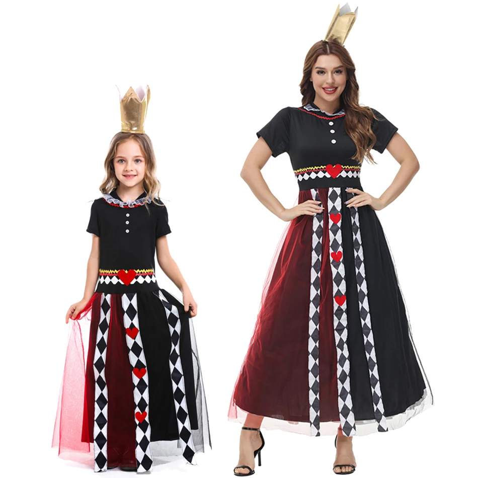 

Halloween Costume For Adult Kids Girls Dress Fairy Tale Alice in Wonderland Family Matching Clothes Cosplay Poker Queen Outfits