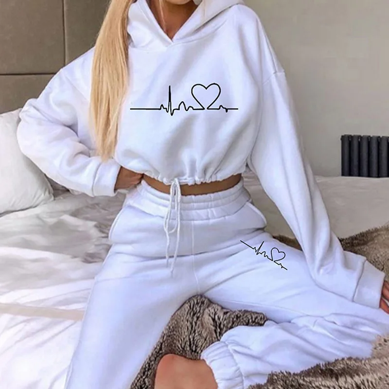

Long Sleeve Print Hooded Top Hoodies Elastic High Waist Pants Suit Autumn Sport Tracksuit Women Two Piece Set Fitness Outfits