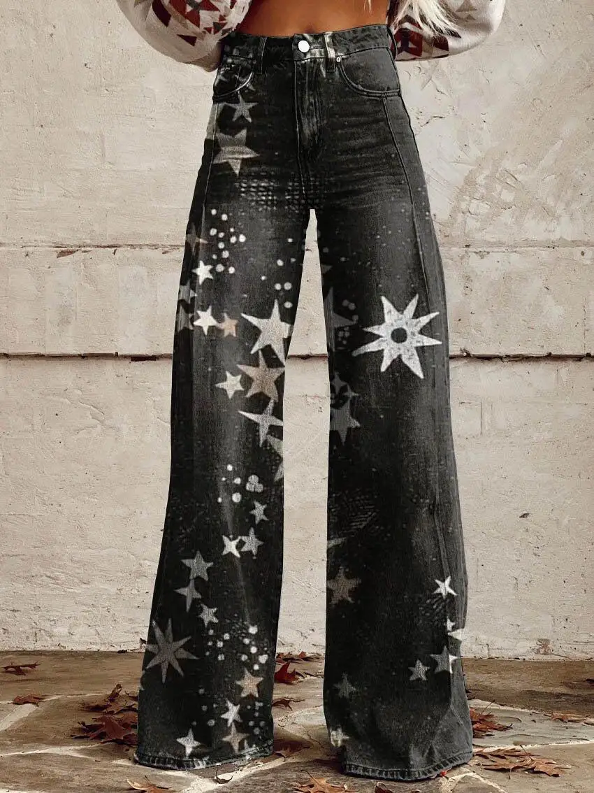 Women's Trendy Retro Striped Denim Wide Leg Pants Casual Fashion Comfortable Long Women's Pants Tie-Dye Casual Wide Leg Pants