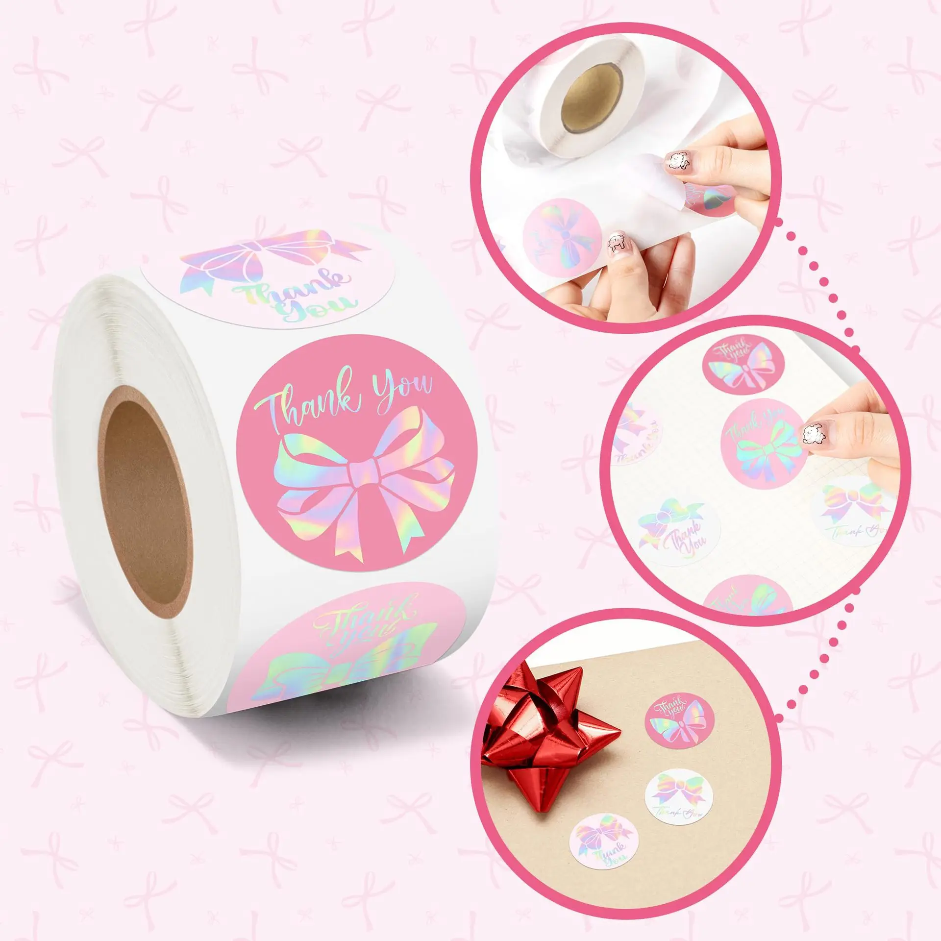 500Pcs 레이저 활 모양 감사 스티커 홀로그램 리본 종이 데칼 접착 스티커 라벨 웨딩 봉투 스크랩북 선물용