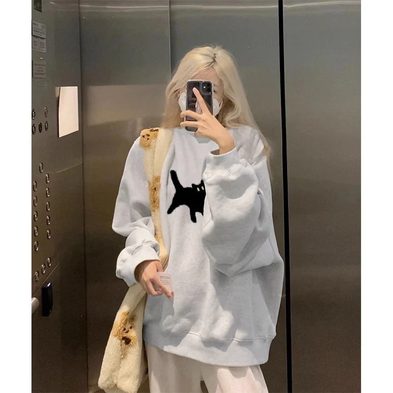 

2023 Autumn New Loose Print Round Neck Sweater Women's Cat Print