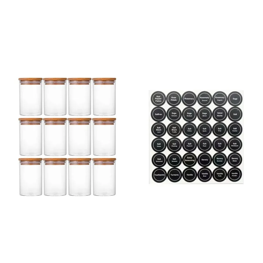 12 Pcs Round Spice Jars Glass Storage Jars with Bamboo Lids Stickers Candy Jars Coffee Jars Salt Jars Pepper Jars Tea Jars 2