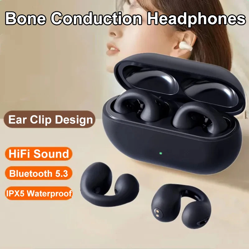 

Bluetooth 5.3 Earphones Wireless Bone Conduction Headphones Ear Clip On Noise Canceling Headset HD Call Sports Gaming Earbuds