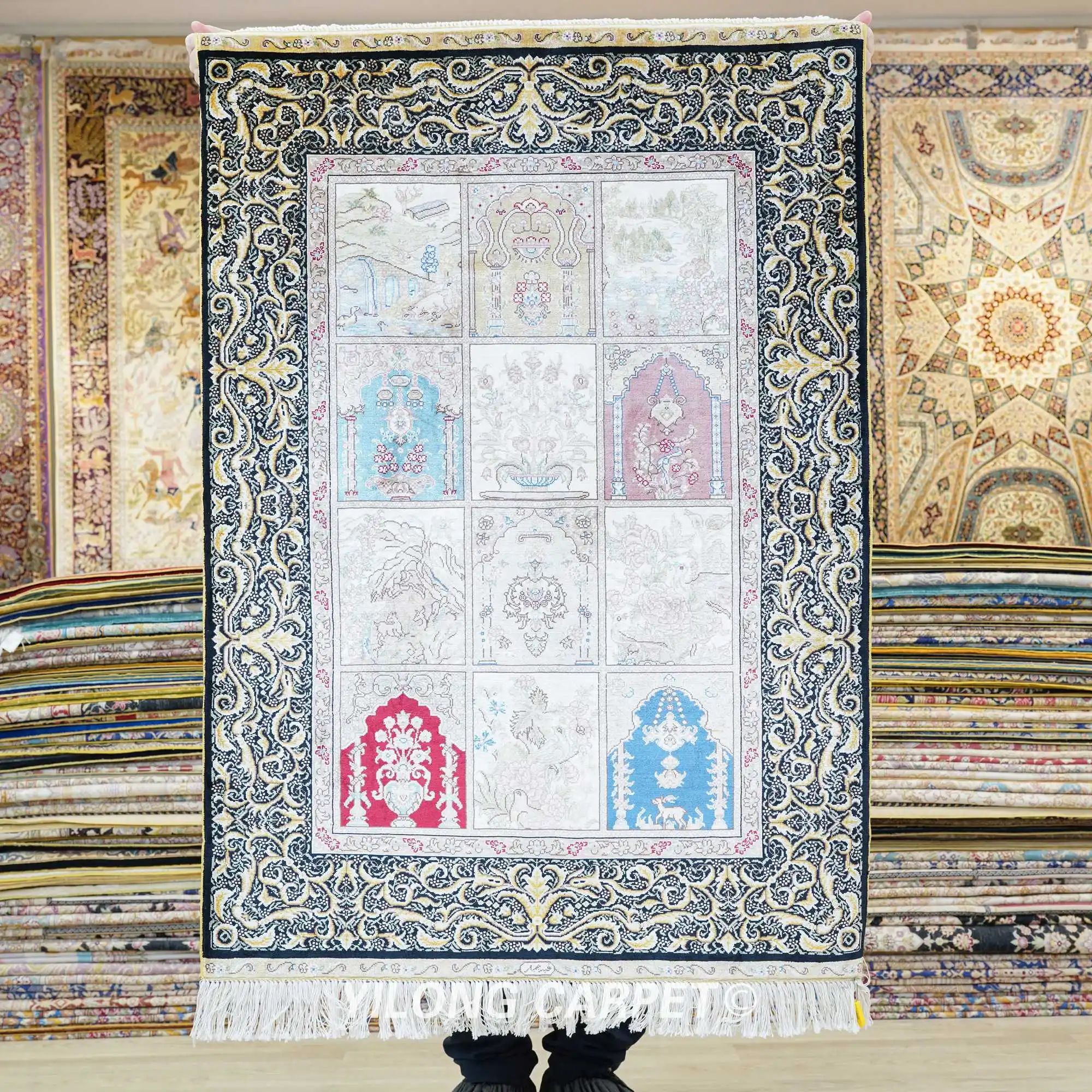 2.7 x 4 페르시아어 카펫 4 계절 유리한 절묘한 손 매듭 Tabriz 실크 양탄자 (YL0540A)