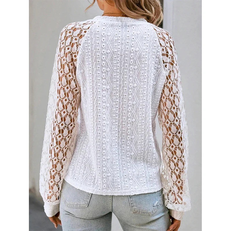 Spring Autumn Elegant Fashion Harajuku Slim Fit All Match Tops Women Sweat Hollow Out Casual Blusa Long Sleeve Lace Lady Shirt