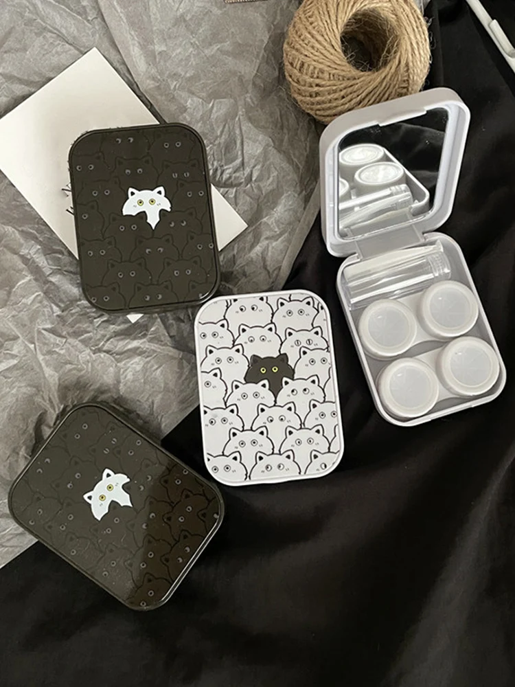 

Cartoon Contact Lens Case Female Compact Simple Portable Cat Printed Contact Lenses Companion Box Storage Box With Mirror