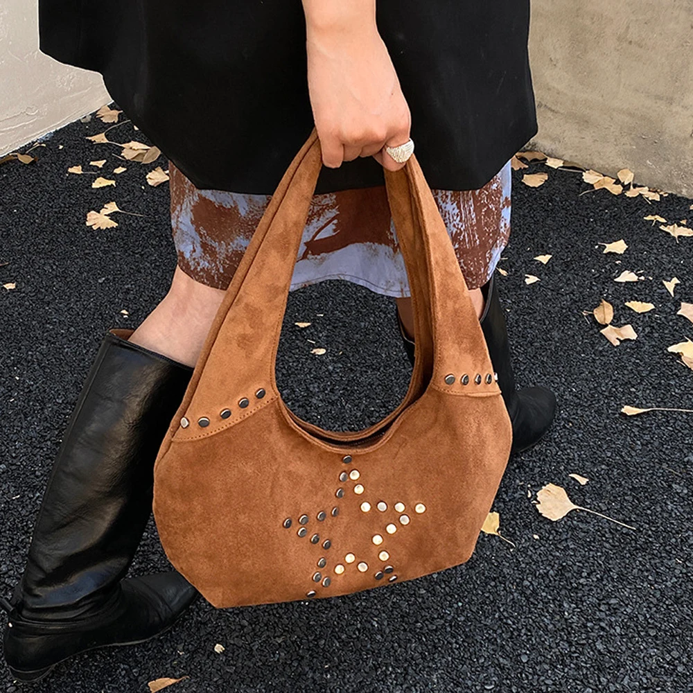 Women's Suede Bag Large Capacity Retro Y2k Star Rivet Decor Underarm Bags Punk Fashion Shoulder Storage Winter Commuter Handbag
