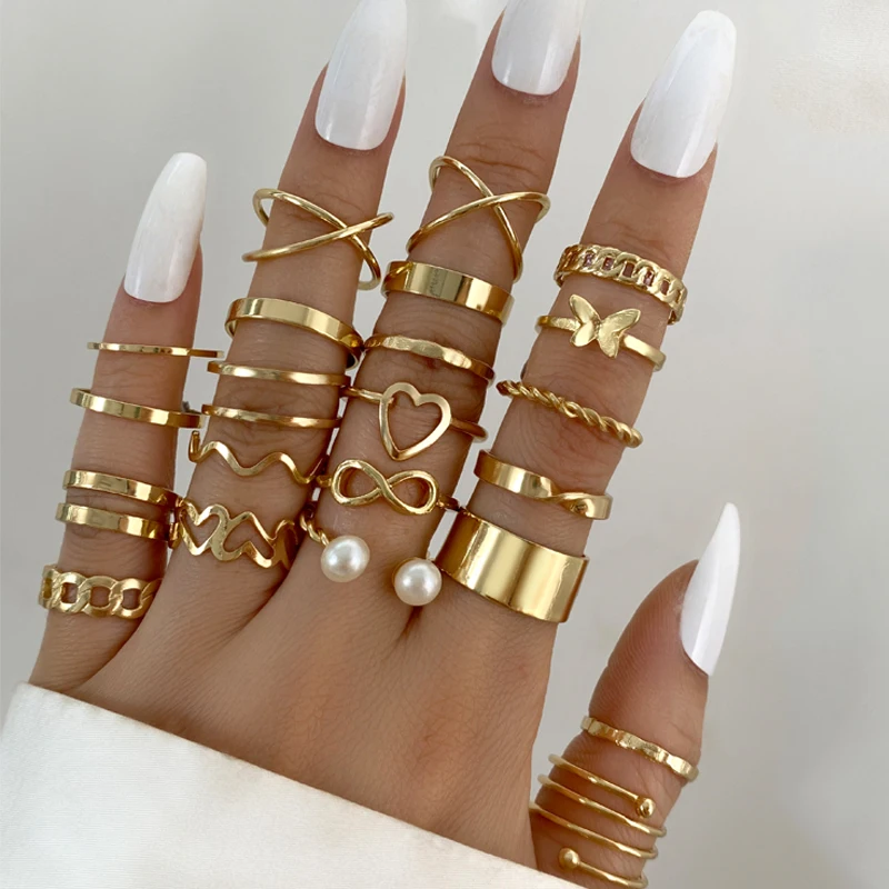 Boho Gold Color 22pcs Heart Rings Set For Women Vintage Geometric Cross Pearl Butterfly Finger Ring Women's Trendy Jewelry